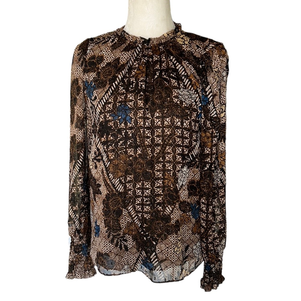 JOIE Brown Metallic Gold Ruffle Neck Balloon Sleeve Blouse - S